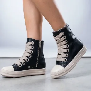 Black Leather High-top Shoes For Women