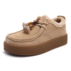 Cream Felt-lined Platform Suede Shoes For Women